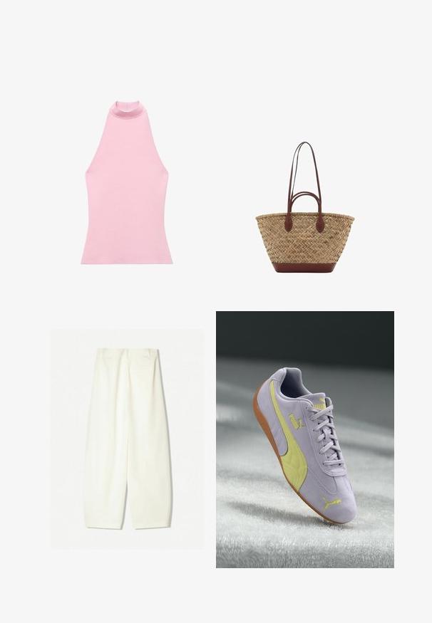 Top rosa senza maniche con collo alto, realizzato in un tessuto a maglia liscio. Presenta una forma aderente e bordi puliti. Nessun motivo o dettaglio visibile.; Pantaloni a gamba larga in un morbido tessuto crema, caratterizzati da una texture liscia, tasche frontali e una vestibilità morbida con una vita di altezza media.; Sneaker in suede viola chiaro con accenti gialli, pannello laterale testurizzato, design con lacci e suola in gomma color beige. Logo Puma sul lato.; Borsa tote in paglia intrecciata con texture a treccia, manici e base in pelle marrone scuro, forma circolare larga e design con apertura superiore.