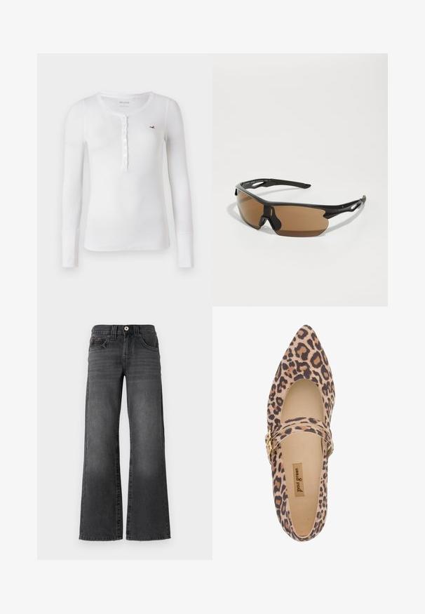 Pitkähihaine valkoinen Henley-paita, jossa on ribbikuvio ja napitus. Oikealla rinnassa pieni punainen logo, pyöreä kaula-aukko.; Löysät farkut tummanharmaasta denimistä. Ominaisuuksiin kuuluu viisi taskua, nappikiinnitys ja hillitty kulutus kankaassa. Klassinen tikkauskoristelu.; Kengät Mary Jane, joissa on leopardikuosiset pinnat ja kärkiosa, pehmeä kangas yläosa, sekä hihna, joka on koristeltu kultaisella solkella. Kermavalkoinen vuori ja pohjallinen näkyvät.; Urheilulasit mustalla kehys, ruskeilla sävytettyillä linsseillä ja teksturoiduilla mustilla yksityiskohdilla temppeleissä. Kevyt ja aerodynaaminen muotoilu.