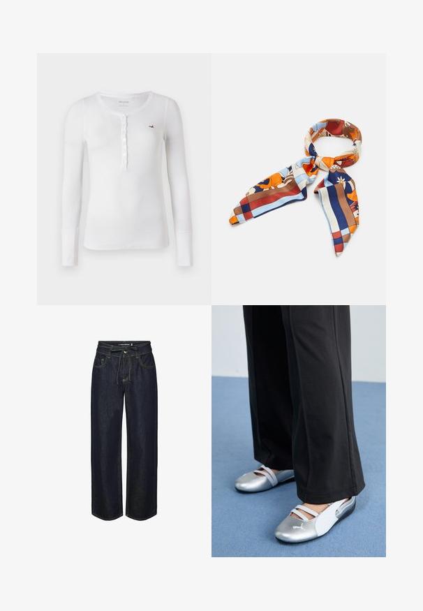Garšīgu, balto Henley krekls ar garām piedurknēm, ar ribotu tekstūru un pogu slīdni. Tam ir neliels sarkans logo uz kreisās krūtis un noapaļots dekoltē.; Tumši denima plašās kājas džinsi ar auklu jostasvietā, ar kontrastējošu šuvju, priekšējiem kabatām un nedaudz brīvu piegriezumu.; Sudraba un baltas plakano apavu ar krusteniskām siksnām un teksturētu apdari, kas papildināti ar brīvām melnām biksēm. Fons ir zils grīdas segums.; Zīda šalle ar krāsainu ziedu un ģeometrisku rakstu oranžos, zilos, brūnos un krēmbaltos toņos. Trīsstūru gali ar gludu tekstūru.