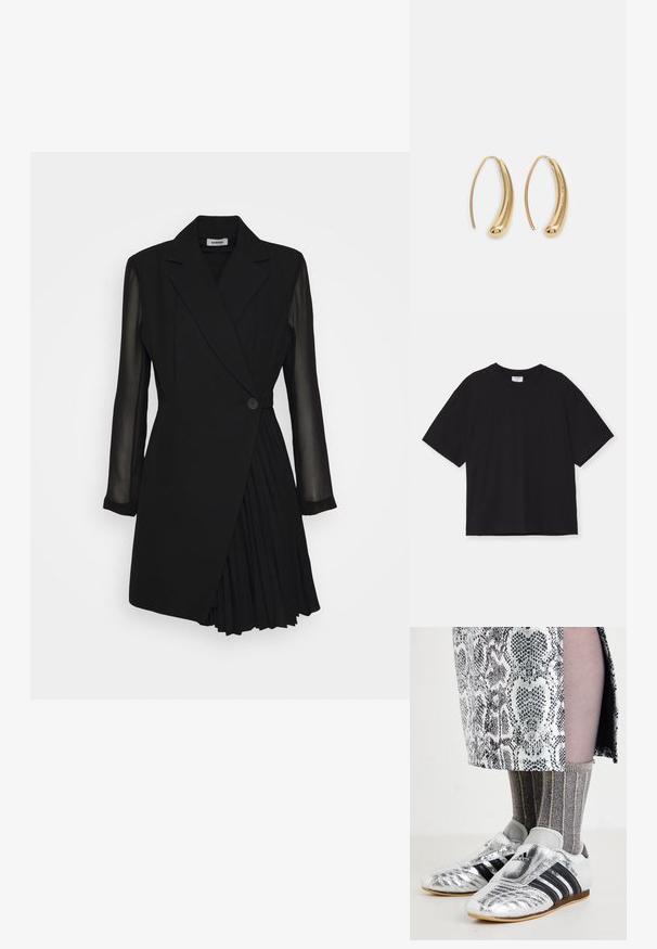 Črna kratka majica s kratkimi rokavi iz bombaža. Ima sproščen kroj, okrogel ovratnik in brez vidnih vzorcev ali okraskov.; Črna obleka po meri, ki ima vrhnji del v stilu blazerja, prosojne dolge rokave, zapiranje z enim gumbom in podrobnostmi s plisirano krilo.; Srebrni nogometni čevlji s črnimi črtami in elegantnim dizajnom, v kombinaciji z teksturiranimi sivimi in zlatimi rebrastimi nogavicami ter vzorčasto krilom.; Črna usnjena torbica čez ramo z dvema sprednjima žepoma, zlatimi zaponkami, zadrgo in ozkim pasom. Tekstura površine je strukturirana, obliko pa ima kompaktno pravokotno.; Zlato-tonirani kovinski uhani v obliki obroča s krivuljo in podolgovato obliko. Imajo gladko, sijočo površino in zaobljen vrh za dodaten detajl.