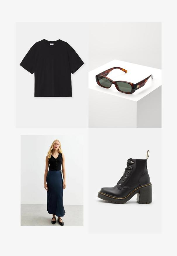 T-shirt nera a maniche corte in cotone. Presenta una vestibilità comoda, scollatura rotonda e nessun motivo o decorazione visibile.; Cropped top nero a coste con bottoni e gonna maxi in satin blu navy. La gonna ha una finitura liscia e un orlo svasato, abbinata a scarpe flat nere.; Stivaletto in pelle nera con tacco alto chunky, lacci frontali, occhielli in metallo e cuciture gialle lungo la suola. Suola in gomma testurizzata.; Occhiali da sole rettangolari tartarugati con lenti verdi. Montatura ampia, finitura liscia, dettaglio oro sul lato e tempie sottili.; Borsa a tracolla nera in pelle trapuntata con catena dorata e dettaglio del logo. Forma rettangolare, texture liscia, con chiusura a pattina.