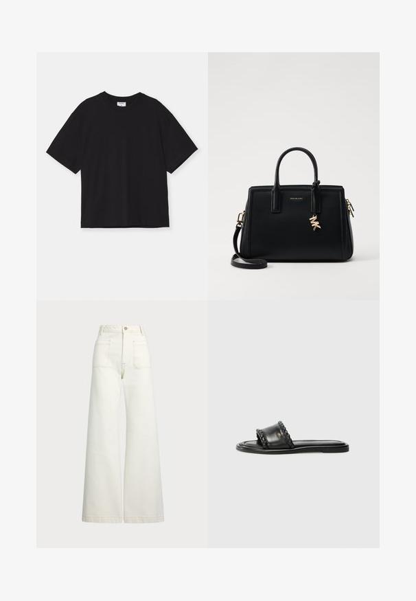 Črna kratka majica s kratkimi rokavi iz bombaža. Ima sproščen kroj, okrogel ovratnik in brez vidnih vzorcev ali okraskov.; Široke jeans hlače v off-white denim tkanini. Visok pas z gumbnim zapiranjem, dvema sprednjima žepoma in detajli kontrastnega šivanja.; Črne usnjene sandale z detajlom iz tkane naramnice, ravnim podplatom in elegantnim oblikovanjem. Gladka tekstura in minimalistični profil.; Črna usnjena torbica s strukturirano zasnovo, dvema zgornjima ročajema, odstranjevanim naramnim trakom, zlatim okovjem in dodatkom z logotipom.
