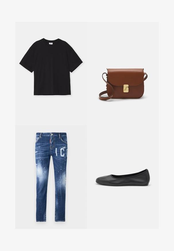 Musta lyhythihainen t-paita, joka on valmistettu puuvillasta. siinä on rento malli, pyöreä kaula-aukko, eikä siinä ole näkyviä kuvioita tai koristeluja.; Farkut denim syvän sinisenä, joissa on kulutettuja yksityiskohtia, roiskeefektejä ja suurta valkoista tekstiä. Ominaisuuksina klassinen viisi-taskuinen muotoilu.; Musta nahkainen ballerina, jossa on pyöristetty kärki, sileä pinta, minimaalinen ommelkoristelu ja joustava pohjamuotoilu.; Ruskea nahkainen käsilaukku, jossa on läppäkiinnitys, kultasävyiset yksityiskohdat, olkahihna ja sileä pinta. Kompaktin suorakaiteen muotoinen.