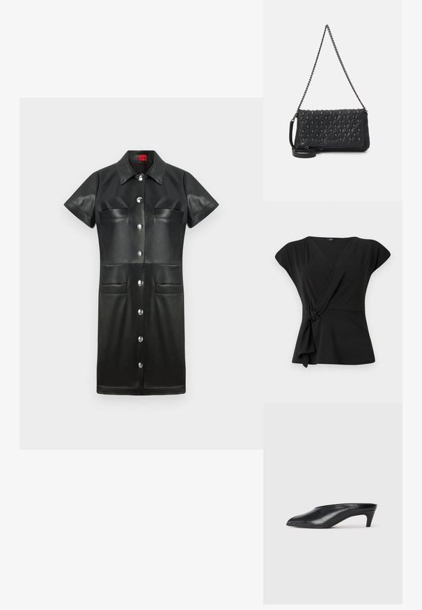 Schwarzes Wickeloberteil mit kurzen Ärmeln, das eine geknotete Detail am Bund und einen glatten, dehnbaren Stoff aufweist. V-Ausschnitt-Design.; Schwarzes Lederkleid mit kurzen Ärmeln, Kragen, Knopfleiste und zwei Brusttaschen. Verfügt über silberne Beschläge und eine glatte Textur.; Schwarze Leder-Mules mit einer spitzen Zehenform, niedrigem Absatz und glatter Textur. Minimalistisches Design ohne sichtbare Beschläge oder Muster.; Schwarze, gesteppte Lederhandtasche mit einer Kettenriemen, die mit Totenkopf-Akzenten und einem Reißverschluss versehen ist. Strukturiert Oberfläche mit einem glänzenden Finish.
