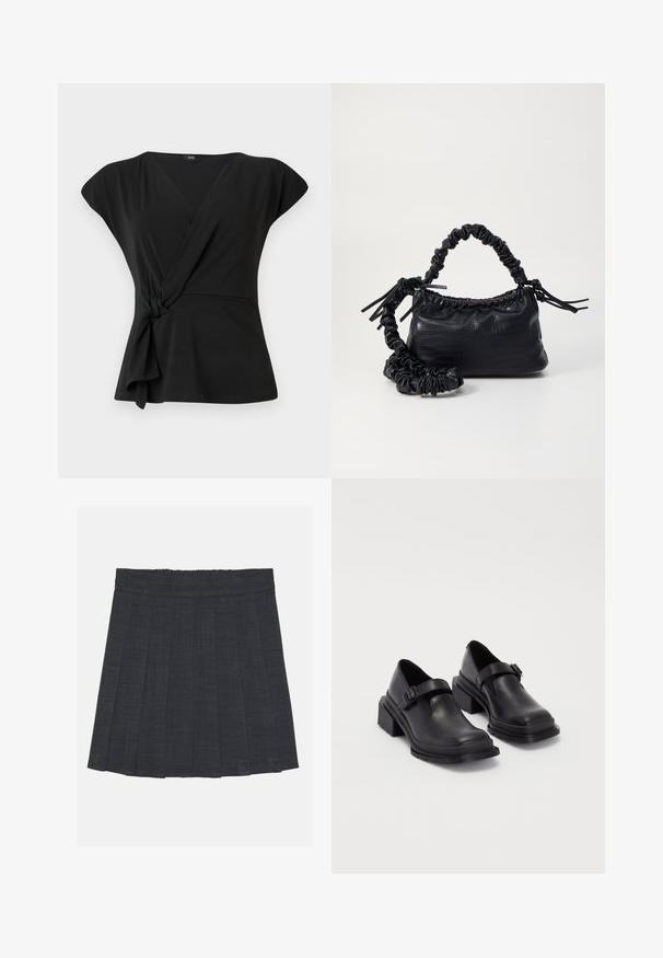 Sort indpakningsbluse med korte ærmer, der har en knude-detalje i taljen og et glat, stretchy stof. V-hals design.; Mørkegrå plisseret nederdel med elastisk talje, der har et struktureret stof og en klassisk A-formet silhuet. Velegnet til hverdag.; Sorte lædersko med rund tå, flad sål og en rem med spænde detaljer. Chunky blokhæl for øget stabilitet.; Sort kunstlæder håndtaske med krokodilteksur, indsnøret top og en sammenkrøben rem. Ser blød og kompakt ud i designet.