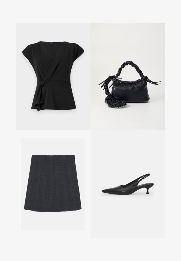 Top negro con mangas cortas, con un detalle anudado en la cintura y una tela suave y elástica. Diseño de escote en V.; Falda plisada gris oscuro con cinturilla elástica, que presenta una tela texturada y una silueta clásica en A. Adecuada para un estilo casual.; Zapato negro de piel tipo slingback con punta afilada y un tacón delgado y curvado. Presenta una correa ajustable discreta con una hebilla de metal.; Bolso de mano de imitación cuero negro con textura de cocodrilo, parte superior fruncida y correa arrugada. Presenta un diseño suave y compacto.