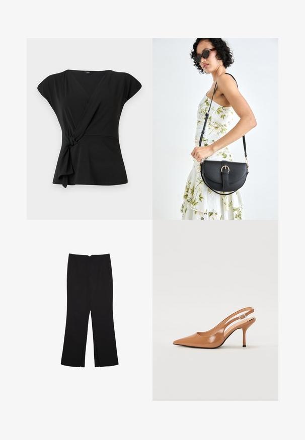 Černý top s krátkými rukávy, který má uzlový detail na pase a hladkou, elastickou látku. Výstřih do V.; Černé kalhoty s rovným střihem, s předními kapsami a bočními rozparky na lemu. Vyrobené z jemné, hladké tkaniny. Vhodné na různé příležitosti.; Sandy poprsko s úzkým podpatkem v hladkém, lesklém odstínu tan. Obsahuje zakřivený design s výřezem a štíhlý jehlový podpatek. Detail se stříbrnou sponou.; Černá kožená kabelka s křivkovým tvarem, odnímatelným popruhem a zlatými detaily. Kabelka má klopu s přezkou.