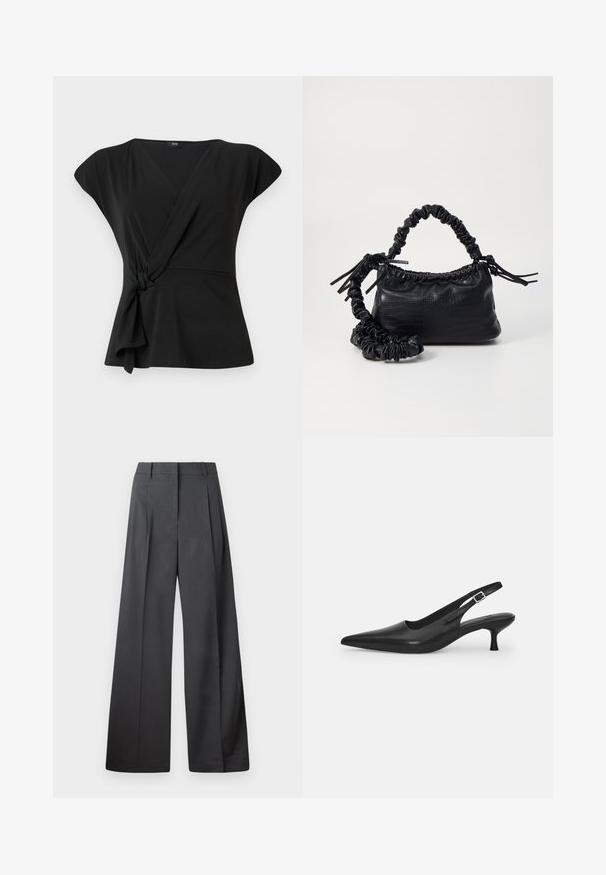 Black wrap top with short sleeves, featuring a knotted detail at the waist and a smooth, stretchy fabric. V-neck design.; Wide-leg trousers in dark gray fabric, featuring a high waist, single pleats, and a smooth texture with a clean finish at the hems.; Black leather slingback shoe with a pointed toe and a slim, curved heel. Features a discrete adjustable strap with a metal buckle.; Black faux leather handbag with a crocodile texture, cinched top, and a scrunched strap. Appears soft and compact in design.