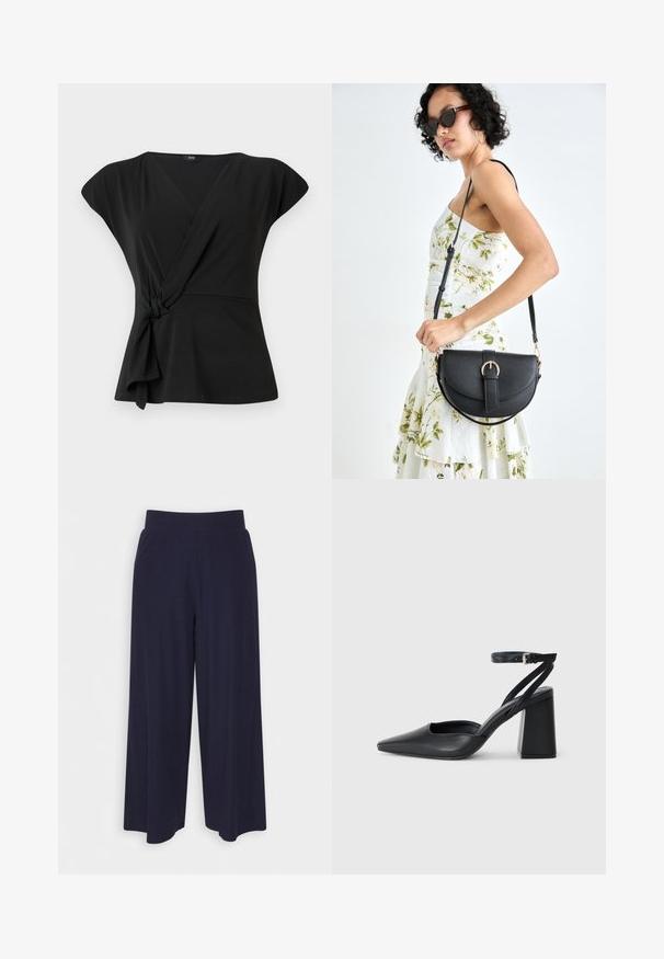 Svart innpakningsbluse med korte ermer, med en knyttedetalj i midjen og et glatt, elastisk stoff. V-halsdesign.; Bredde bukser i mørk marineblå stoff med ribbet tekstur. Har en glatt midje og en luftig silhuett, som når midt på leggen.; Svart lær pumps med spiss tå, ankelrem og kraftig hæl. Flat tekstur, strømlinjeformet design og minimalisme.; Svart lærveske med en buet form, avtagbar stropp og gullbeslag. Vesken har et klaff med spenne-detall.