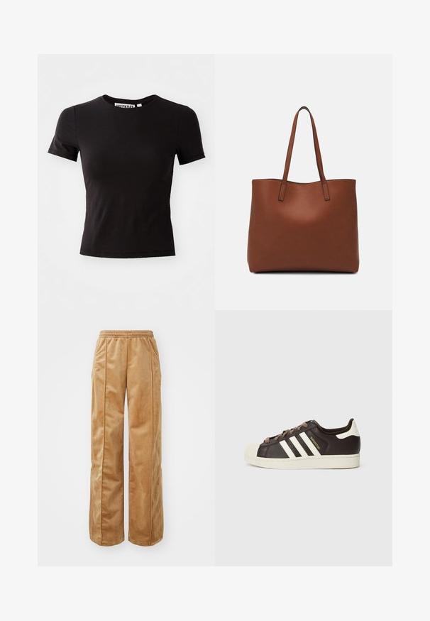 T-shirt preta de manga curta, feita de um tecido suave, com decote redondo e um corte ajustado. O rótulo no interior diz "WEEKDAY."; Calças largas em tom bege feitas de um material suave e aveludado. Apresentam uma cintura elástica e costuras verticais na frente para um detalhe adicional.; Sapatilha Adidas Superstar de cano baixo em pele castanho escuro com biqueira de concha creme, riscas brancas e texto "Superstar" do lado.; Bolsa tote de couro castanho com uma textura suave, design de abertura superior e duas alças para o ombro. Apresenta costura mínima e sem hardware visível.