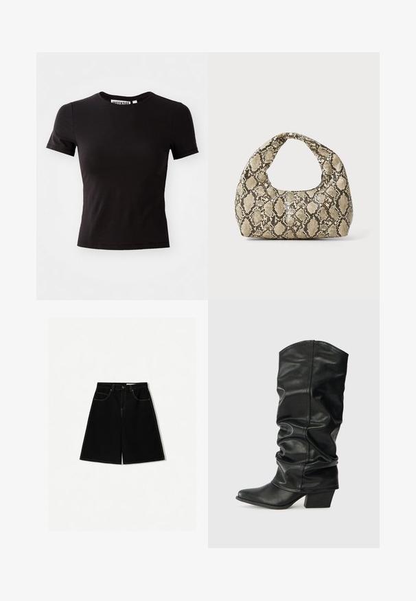 Černé tričko s krátkým rukávem vyrobené z hladké tkaniny, s kulatým výstřihem a fitted střihem. Štítek uvnitř zní "WEEKDAY."; Černé džínsové šortky s volným střihem, které mají pět kapes, žluté švy a středně vysoký pas.; Černé kožené vysoké boty po kolena se sklopeným designem, špičatou špičkou a masivním podpatkem, s hladkým povrchem a minimálním šitím.; Kabelka s hadím vzorem a zakřiveným držadlem. Vyrobena z texturovaných béžových a hnědých materiálů, s charakteristickým diamantovým vzorem.
