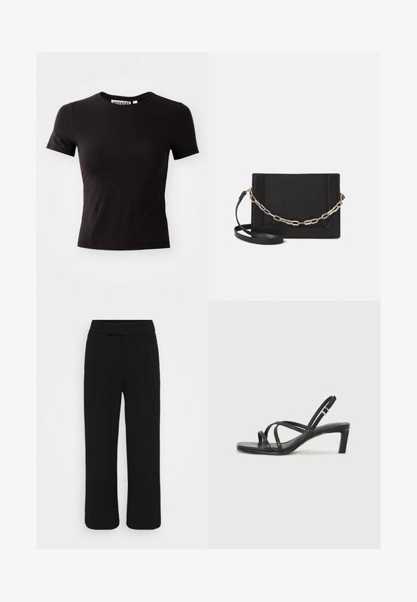 Zwarte t-shirt met korte mouwen, gemaakt van een gladde stof, met een ronde halslijn en een getailleerde pasvorm. Label aan de binnenkant leest "WEEKDAY."; Zwarte wijde broek van een gladde stof, met een platte voorkant, riemlussen en geen zichtbare zakken. Strak, op maat gemaakt ontwerp.; Zwarte sandaal met bandjes, vierkante teen en een lage blokhak. Voorzien van meerdere dunne bandjes en een verstelbare enkelband. Gemaakt van zacht leer.; Zwarte leren schoudertas met een gladde textuur, rechthoekige vorm en een metallic kettingdetail aan de voorkant. Verstelbare schouderband inbegrepen.