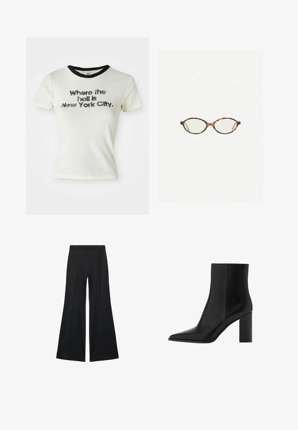 Witte katoenen t-shirt met zwarte ronde hals. Grafische tekst leest: "Waar in hemelsnaam is New York City," in vet verouderd lettertype.; Zwarte wijde-pijpen broek met een gladde textuur, gekenmerkt door voorplooien en een op maat gemaakte uitstraling. De stof is lichtgewicht en vloeiend.; Zwarte leren enkellaars met een spitse neus, vierkante hak, een gladde textuur en stikdetails langs de naden. De hakken zijn ongeveer 8,9 cm hoog.; Kattenoogbril met ovale lenzen en een strakke, gladde afwerking. Heeft dunne zijkanten met een subtiele kromming bij de slapen. Transparante lenzen.