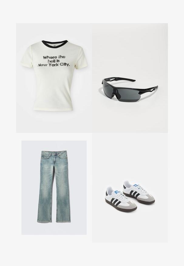 White cotton t-shirt with black crew neck. Graphic text reads, "Where the hell is New York City," in bold distressed lettering.; Light blue denim jeans with slight fading, five pockets, button closure, and straight legs on a white background.; Sport shoes with a white leather upper, gray suede toe, and three black stripes. Features a blue logo on the tongue and a textured rubber sole.; Black sports sunglasses with curved lenses, lightweight plastic frame, and textured temples. Sleek design with integrated nose piece.; Black woven leather handbag with a slouchy design, featuring a knotted strap and a small decorative gold stud at the top.
