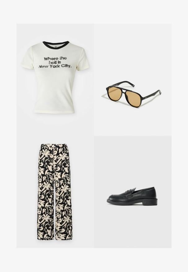 Balta medvilninė marškinėliai su juodu apykakle. Grafiškai parašytas tekstas: "Kur, įdievi, yra Niujorkas," paryškintais, nusidėvėjusiais rašmenimis.; Juodos plačios kojos kelnės su grietinėlės spalvos gėlių raštu. Pagamintos iš lengvos medžiagos, pasižyminčios lygiapass viršutine tekstūra ir aukštu liemeniu.; Juodi odiniai mokasinai su apvalia nosimi, siuvinėtu raštu ir nedideliu kulnu. Lygus paviršius ir lanksti guma. ; Juodi saulės akiniai su rudais lęšiais; stačiakampio formos, su storu rėmu, įskaitant subtilias detales ant šventyklų.