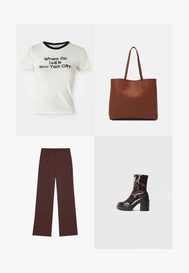 White cotton t-shirt with black crew neck. Graphic text reads, "Where the hell is New York City," in bold distressed lettering.; Wide-leg trousers in a rich brown fabric. Features a button closure, two front pockets, smooth texture, and clean lines.; Glossy burgundy ankle boot with a chunky black heel, featuring a smooth texture and simple design. No visible fastenings or patterns.; Brown leather tote bag with a smooth texture, open top design, and two shoulder straps. Features minimal stitching and no visible hardware.