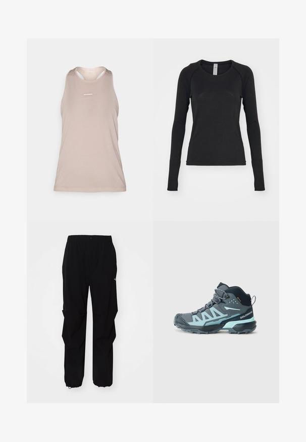 Vaaleanbeige ilman hihoja oleva urheilullinen toppi, jossa on verkkomainen pinta, pyöreä kaula-aukko ja pieni logo edessä. Sileä kangas, kevyt muotoilu.; Pitkähihaista mustaa paitaa, joka on valmistettu pehmeästä kankaasta. Ominaisuuksina pyöreä pääntie ja raglan-hihat, joissa on sormiaukot hihansuissa. Minimalistinen muotoilu.; Mustat ulkoiluhousut, jotka on valmistettu kestävästä materiaalista. Niissä on rento istuvuus, joustava vyötärö sekä kiristettävät hihnat, jotka mahdollistavat säädettävän pituuden.; Keskikorkeat vaelluskengät tummanharmaana, vaaleansinisin yksityiskohdin. Ominaisuuksiin kuuluu teksturoitu päällinen, vahvistettu varvasosa ja kestävä pohja pidon takaamiseksi.