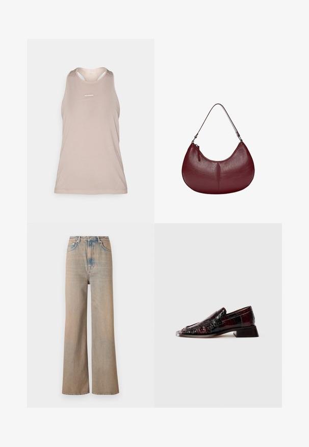 Hellbeige ärmelloses Sport-Tanktop mit einem Mesh-Textur, rundem Ausschnitt und kleinem Logo auf der Vorderseite. Glattes Material, leichtes Design.; Helle, weit geschnittene Jeans mit hoher Taille, aus Denim gefertigt. Verfügt über dezente Nähte und fünf Taschen, mit einer leicht verblassten Textur.; Dunkelburgunderfarbene Lackleder-Loafer mit strukturiertem Finish, niedrigem Blockabsatz und klassischem Penny-Riemen-Dekor, seitlich dargestellt.; Weinrote Lederhandtasche mit einer geschwungenen Form. Verfügt über einen einzelnen Schulterriemen und einen oberen Reißverschluss, der eine glatte, strukturierte Oberfläche präsentiert.