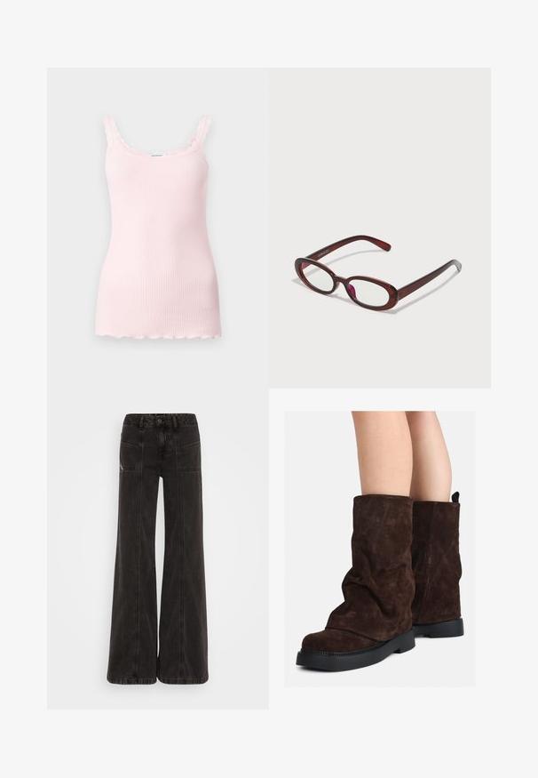 Ljusrosa ribbad linne med vågiga kanter och justerbara axelband. Mjuk textur, åtsittande design och rak fåll i botten.; Svarta vida jeans i denim, med hög midja, framfickor och ton-i-ton-sömmar längs sömmarna.; Bruna mockasin-stövlar som når till mitten av vaden med svarta gummisulor, som bärs på nakna ben och visar en lätt rynkning på stövlarna.; Ovalformade röda solglasögon med klara linser och eleganta bruna bågar. Designen har subtila kurvor och minimal hårdvara.