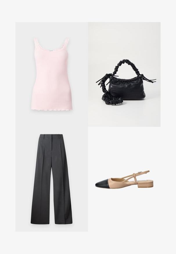 Top de tirantes acanalado en rosa claro con bordes ondulados y tirantes ajustables. Textura suave, diseño ajustado y un dobladillo recto en la parte inferior.; Pantalones de pierna ancha en tejido gris oscuro, con una cintura alta, pliegues simples y una textura suave con un acabado limpio en los dobladillos.; Zapato slingback bicolor beige y negro con punta afilada, tacón plano y detalle de correa entrecruzada. Textura de cuero suave.; Bolso de mano de imitación cuero negro con textura de cocodrilo, parte superior fruncida y correa arrugada. Presenta un diseño suave y compacto.