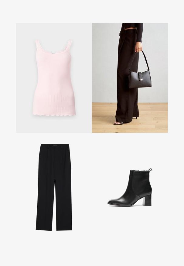 Lys rosa ribbet tanktop med bølgete kanter og justerbare stropper. Myk tekstur, tettsittende design og en rett søm nederst.; Sorte bukser med rette ben, som har to frontlommer og en talje. Laget av et glatt, lett stoff.; Svarte skinn ankelstøvler med rund tå, middels høy blokkhæl og en trekkflik bak. Glatt tekstur, minimalistisk design.; Svart håndveske med strukturert form, jevn tekstur og metallisk lås. Kombinert med brede svarte bukser og sandaler med åpen tå på tregulv.