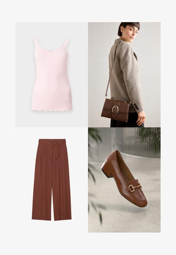 Svijetloružičasta rebrasta majica bez rukava s valovitim rubovima i podešivim trakama. Mekana tekstura, uski kroj i ravni rub na dnu.; Hlače širokih nogavica od smeđeg materijala, s remenom sa kvadratnom kopčom, nabranim dizajnom i glatkom teksturom.; Smeđi lakirani loafer s kvadratnim vrhom, metalnim lancem kao naglaskom i niskom blok petom; glatka tekstura, minimalistički dizajn.; Smeđa kožna torba preko tijela s zlatnim metalnim kopčom, pravokutnog oblika, glatke teksture i odvojivim remenom.
