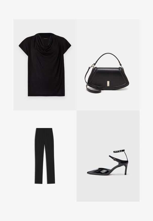 Black short-sleeve top with a draped cowl neckline. Made of soft, lightweight fabric, featuring a loose fit and smooth texture.; Black tailored trousers with a straight-leg design, featuring front pockets and a smooth, textured fabric. Neat, minimal detailing.; Black patent leather heels with a pointed toe, adjustable ankle straps, and a slender heel. Smooth texture with a shiny finish.; Black leather handbag with a structured design, featuring a cropped shape, top handle, and gold hardware accent. Adjustable shoulder strap included.