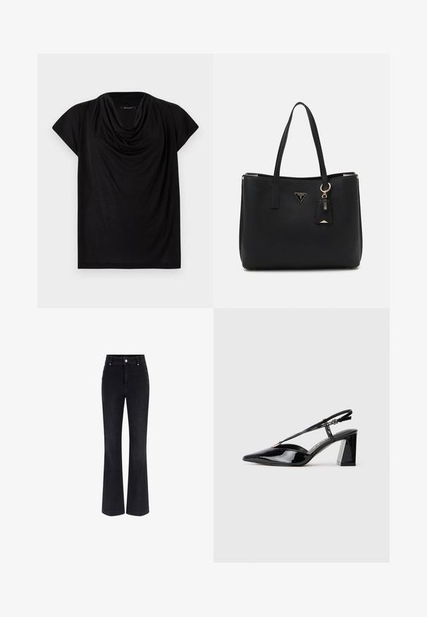 Top negro de manga corta con escote drapeado. Hecho de una tela suave y ligera, con un corte holgado y una textura suave.; Vaqueros acampanados de mezclilla negra con cintura alta, diseño de cinco bolsillos y acentos metálicos en los lados. Textura suave y corte clásico.; Zapatos de tacón alto de charol negro con puntera puntiaguda, correa ajustable y tacón rectangular grueso.; Bolso tote negro hecho de material sintético texturizado, con dos asas, una placa de logo dorada y una pequeña etiqueta con un detalle de acento.