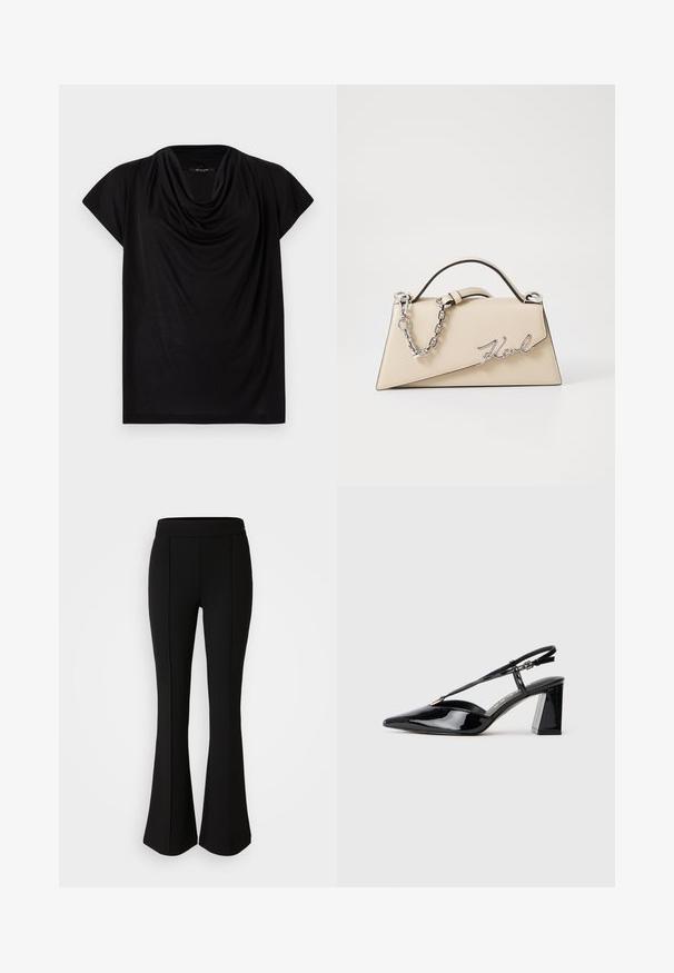Fekete, rövid ujjú felső, elegáns, redőzött nyakkivágással. Puha, könnyű anyagból készült, laza szabással és sima textúrával.; Fekete, elasztikus anyagból készült, sima textúrájú, bővülő nadrág, elülső varrásokkal a dizájn fokozása érdekében.; Fekete lakk bőrből készült slingback magas sarkú cipők hegyes orral, állítható pánttal és vastag téglalap alakú sarokkal.; Beige bőrtáska, struktúrált, háromszögletű formával, ezüst lánc fogantyúval és fém, írott logóval.
