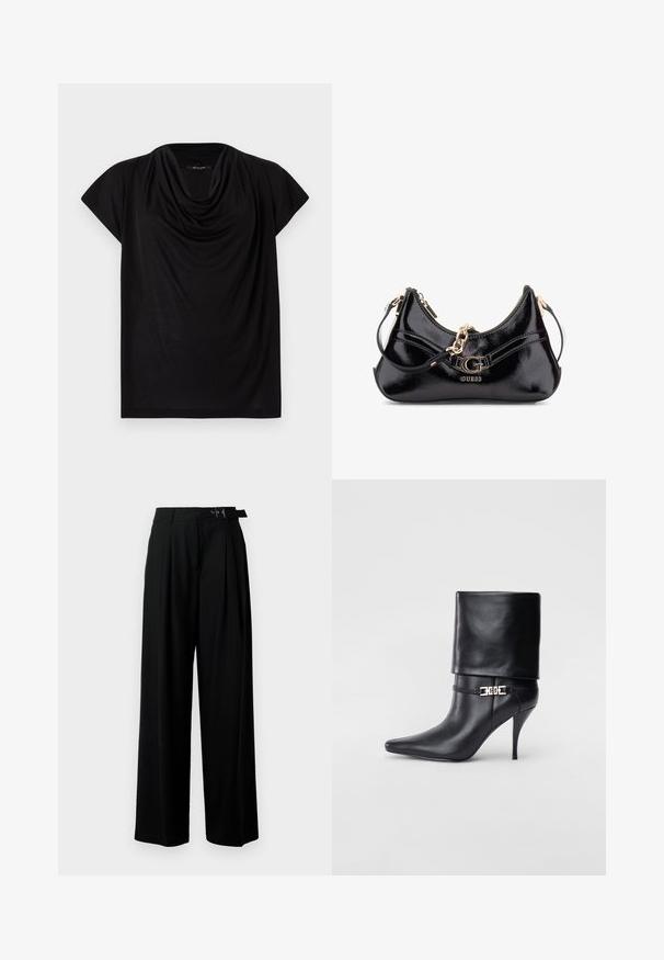 Schwarzes kurzärmliges Oberteil mit drapiertem Cowl-Halsausschnitt. Hergestellt aus weichem, leichtem Stoff, mit lockerem Schnitt und glatter Textur.; Schwarze weit geschnittene Hosen mit hoher Taille, Falten an der Vorderseite und einem Gürtel mit Schnalle. Hergestellt aus glattem, leichtem Stoff.; Schwarze Leder-Ankle-Boots mit spitzer Zehenpartie, hohen Stiletto-Absätzen, umgeschlagenem Schaft und einem goldenen dekorativen Schnallen-Detail an der Knöchel.; Schwarze Lackledertasche mit geschwungenem Design, goldenen Hardware-Akzenten und einem auffälligen Logo. Inklusive abnehmbarem Schultergurt.