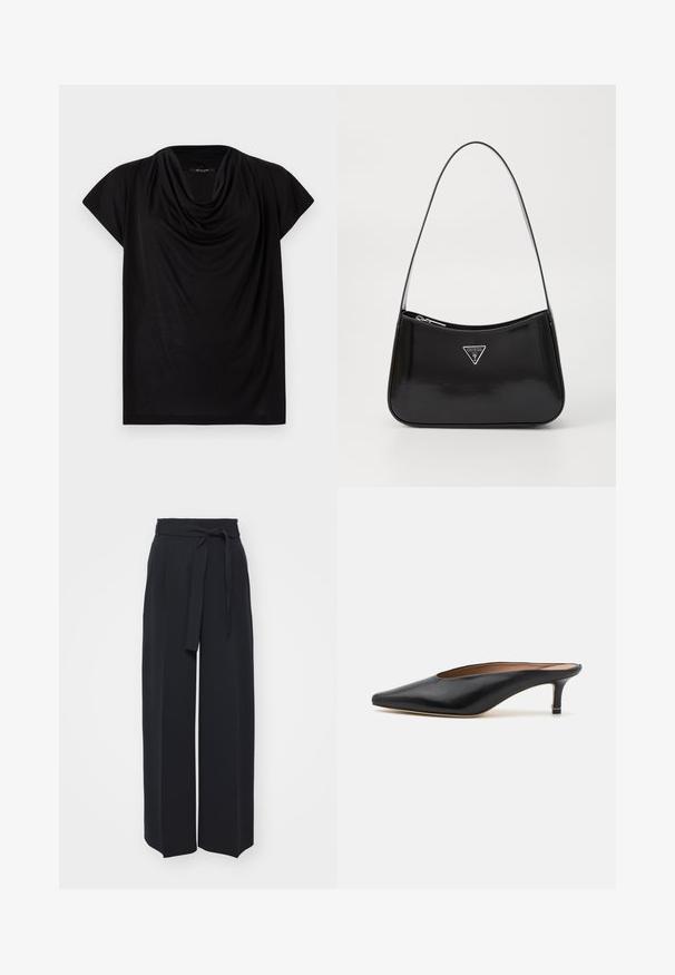 Zwarte top met korte mouwen en een gedrapeerde kraag. Gemaakt van zachte, lichte stof, met een losse pasvorm en een gladde textuur.; Zwarte wijde broek van zachte stof. Voorzien van een ceintuur en plooien aan de voorkant. Glad textuur met een strakke, hedendaagse stijl.; Zwarte leren muiltjes met een puntige neus en een lage, blokhak. Glad oppervlak met een gestroomlijnd ontwerp. Open achterkant met minimale details.; Zwarte lakleren schoudertas met een gebogen vorm, voorzien van een zilveren driehoeklogo en een ritssluiting. Gladde textuur en slanke schouderband.