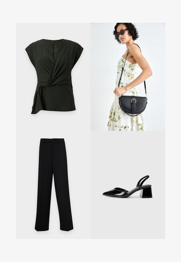 Dark green wrap top made from soft fabric, features a V-neckline and cap sleeves, with a tied detail on the side and a concealed zipper at the back.; Black wide-leg trousers made of smooth fabric, featuring a classic waistband with a button closure and front pleats.; Black patent leather slingback heels with a pointed toe and a geometric block heel. Features a sleek, minimal design and smooth texture.; Black leather handbag with a curved shape, detachable strap, and gold hardware. The bag features a flap with a buckle detail.