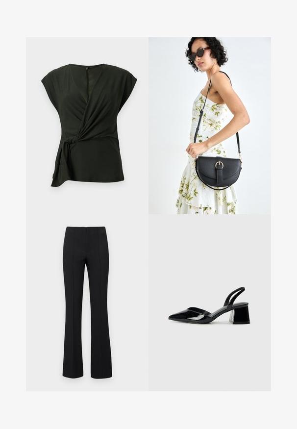 Tume roheline ümbritseva särk, mis on valmistatud pehmest kangast, V-kaelusega ja varrukateta, külgedel sidumise detailiga ja tagurpidi peidetud lukuga.; Mustad lõhkedega püksid ribatekstuuriga ja kitsas vöökoht. Disainil on vertikaalsed õmblused, et saavutada voolujooneline välimus. Nähtavaid metallosi ei ole.; Mustad musta lakknahk kingad, millel on terav varvas ja geomeetriline plokkkonts. Omab elegantselt minimalistlikku disaini ja sujuvat tekstuuri.; Mustmust mustraha kõverate joontega, eemaldatava rihmaga ja kuldsete detailidega. Kotil on klapp, millel on pandladetail.