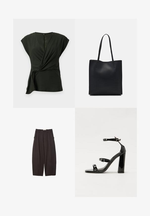 Tmavozelená zavinovací halenka vyrobená z měkké tkaniny, s V-výstřihem a rukávy po ramena, se zavázáním na boku a skrytým zipem na zadní straně.; Černé široké kalhoty vyrobené z hladkého materiálu, s vysokým pasem, předními sklady a bočními kapsami. Jednoduchý design bez ozdob.; Černé lakované sandály na podpatku se čtveratou špičkou, lýtkovými pásky a stříbrnými přezkami. Disponují masivním blokovým podpatkem pro stabilitu.; Černá kožená taška přes rameno s hladkým povrchem, obdélníkovým tvarem a dvěma dlouhými uchy. Žádné viditelné kování ani ozdoby.