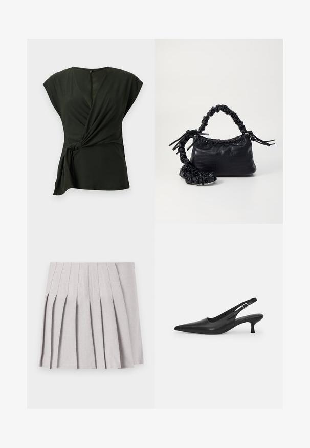 Mörkgrön omslagstopp i mjuk tyg, med V-ringning och korta ärmar, har en knytdetalj på sidan och en dold dragkedja på baksidan.; Grå plisserad kjol med en slät textur, som har flera vertikala veck och en åtsittande midja. Tillverkad av lättviktig tyg.; Svart läder slingback-sandalett med spetstopp och en smal, böjd klack. Har ett diskret justerbart rem med en metallspänne.; Svart faux läderhandväska med krokodiltextur, snodd topp och en skrämd rem. Ser mjuk och kompakt ut i designen.