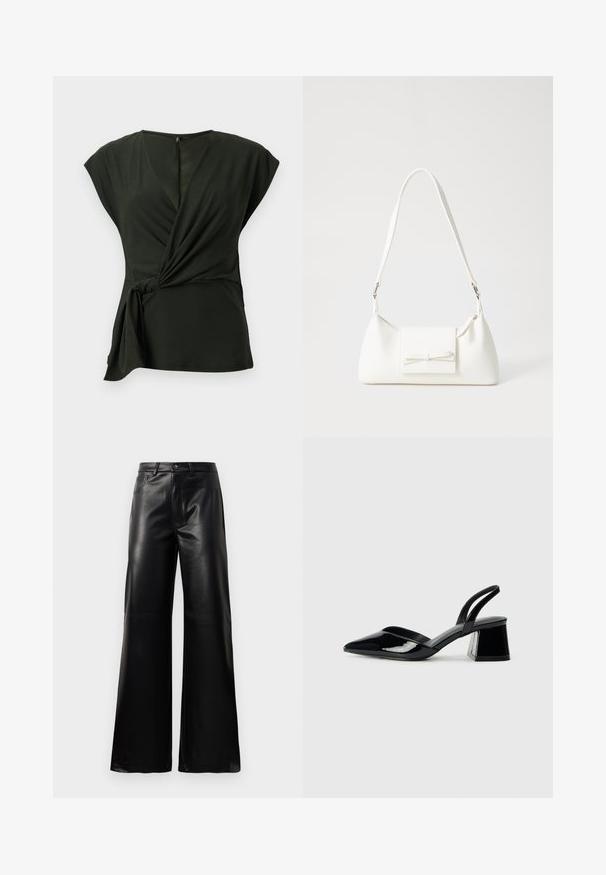 Tume roheline ümbritseva särk, mis on valmistatud pehmest kangast, V-kaelusega ja varrukateta, külgedel sidumise detailiga ja tagurpidi peidetud lukuga.; Mustad talje laiad jalad kunstnahast püksid esipaneeli nööbi ja lukuga, vöödega ja küljetaskutega valge tausta peal.; Mustad musta lakknahk kingad, millel on terav varvas ja geomeetriline plokkkonts. Omab elegantselt minimalistlikku disaini ja sujuvat tekstuuri.; Valge sünteetilisest materjalist kott kolmnurkse kujuga, lame esiklapiga ja kaaredetailiga, reguleeritava rihmaga, sileda tekstuuriga ja minimalistliku disainiga.