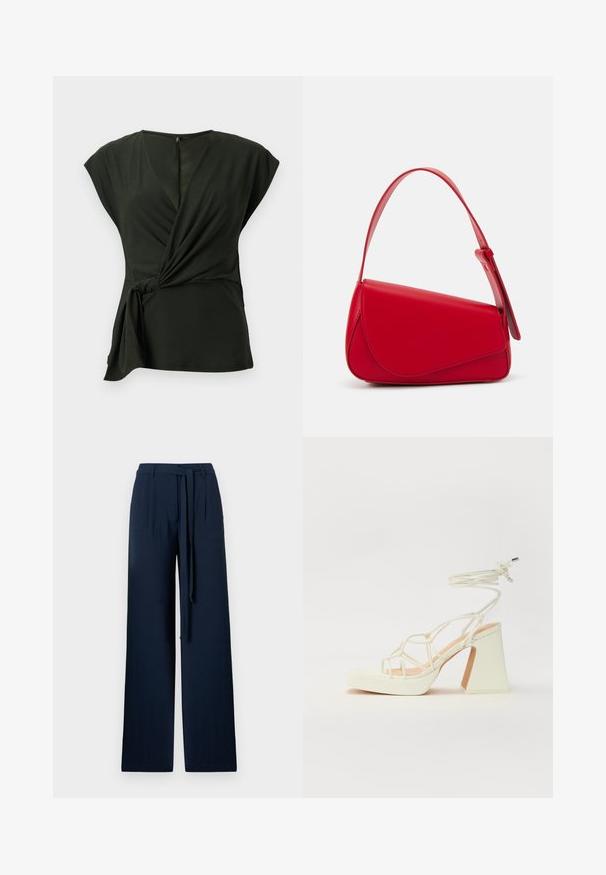 Donkergroene wikkeltop gemaakt van zachte stof, heeft een V-halslijn en kapmouwen, met een knoopdetail aan de zijkant en een verborgen rits aan de achterkant.; Marineblauwe wijde broek gemaakt van lichte stof, met een hoge taille, voorplooien en een bijpassende stoffen riem voor aanpassing.; Witte hoge hakken sandaal met een chunky hak, met een bandjesontwerp en enkelband. Gladde textuur met een plateau voor extra hoogte.; Rode leren handtas met een hoekig, geometrisch ontwerp. Beschikt over een enkele verstelbare schouderriem en een klepclosure met gestikte details.