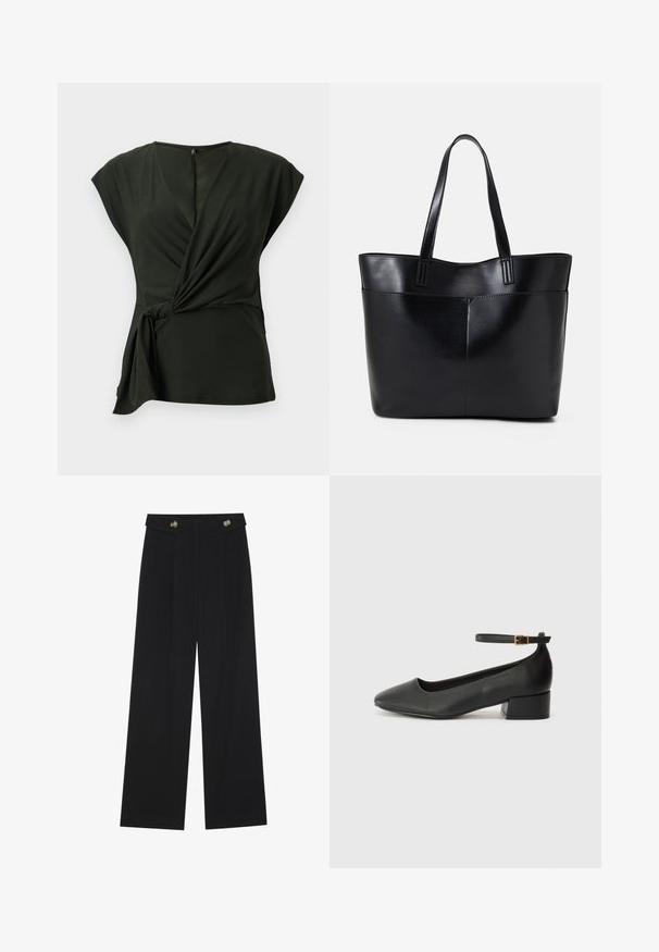 Dark green wrap top made from soft fabric, features a V-neckline and cap sleeves, with a tied detail on the side and a concealed zipper at the back.; Black wide-leg trousers with high waist, button details on waistband, and front pleats.; Black leather pump with a pointed toe and a low block heel. Features an ankle strap with a gold-tone buckle. Smooth texture.; Black leather tote bag with two long handles, a smooth texture, and a structured shape. Features a front pocket for additional storage.