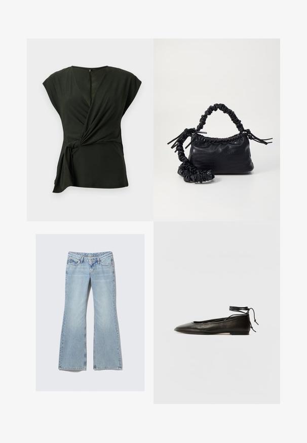 Dark green wrap top made from soft fabric, features a V-neckline and cap sleeves, with a tied detail on the side and a concealed zipper at the back.; Weekday NOVA - Slim fit jeans - lip blue; Black leather ballet flats with a pointed toe, ankle tie, and flat sole, featuring a smooth texture and minimalistic design.; Black faux leather handbag with a crocodile texture, cinched top, and a scrunched strap. Appears soft and compact in design.