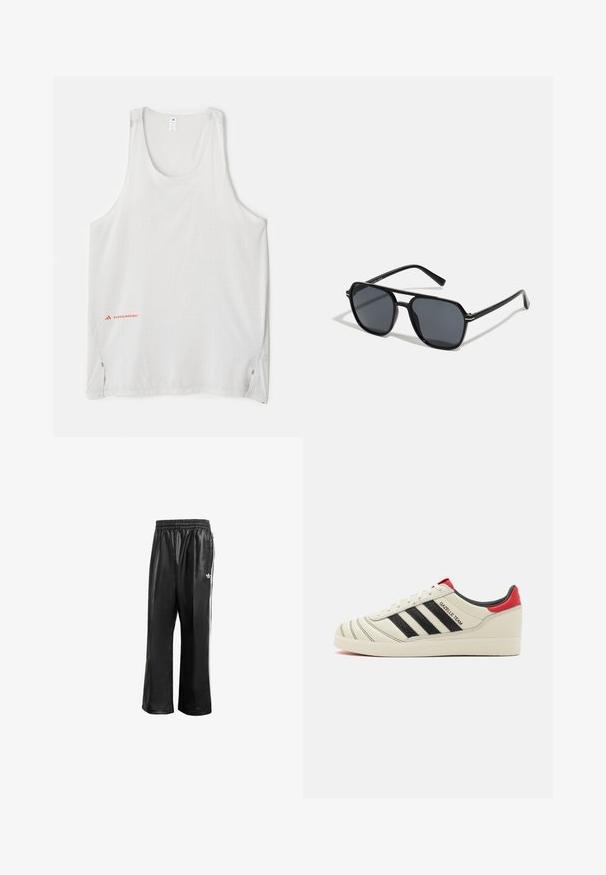 White sleeveless tank top made of lightweight fabric, featuring small dot patterns and side slits. Brand logo in red on the bottom left.; Black synthetic track pants with an elastic waistband, featuring white side stripes and a small white logo on the left hip.; Cream leather sneakers with black stripes, red heel accents, and textured details. Features a rubber sole and lace-up closure.; Black sunglases with octagonal frame, dark lenses, glossy finish, thin temples, and gold accents on the front.