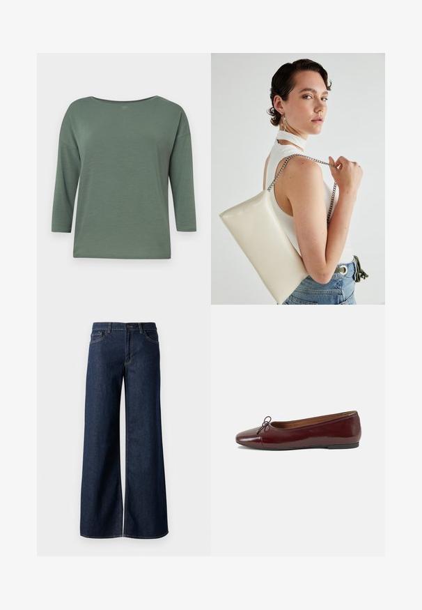 Top verde leggero con scollo ampio, maniche a tre quarti e vestibilità rilassata. Texture liscia con dettagli di cucitura minimi.; Jeans a gamba larga in denim blu scuro. Presentano cuciture a contrasto, cinque tasche e una chiusura con bottone in vita. Texture morbida.; Ballerine in pelle verniciata bordeaux con punta arrotondata, piccolo fiocco decorativo sulla parte anteriore e suola bassa in gomma nera. Texture liscia.; Borsa a pochette rettangolare bianca realizzata in materiale lucido, con una tracolla in catena argentata. Il modello posa, mostrando la borsa su uno sfondo semplice.