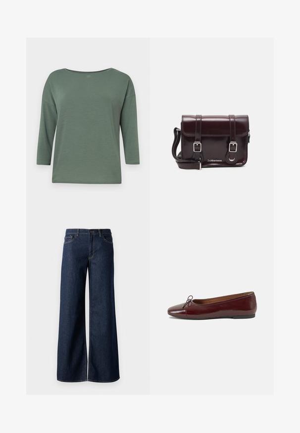 Top verde, ușor, cu un decolteu larg, manșete de trei sferturi și o croială lejeră. Textură netedă cu detalii de cusătură minime.; Jeanși cu picioare largi din denim albastru închis. Prezintă cusături contrastante, cinci buzunare și o închidere cu nasture la talie. Textură netedă.; Balerini din piele patent burgund cu vârful rotund, accent de fundiță mică în față și talpă joasă din cauciuc negru. Textură netedă.; Geantă crossbody din piele lac burgundă, cu formă rectangulară, două curele, accesorii din argint și închidere cu clapetă.