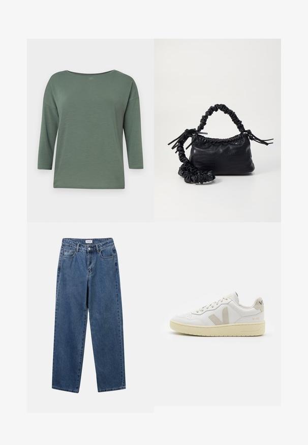 Zeleno, lahkotno vrhnje z širokim ovratnikom, rokavi do tri četrtine in sproščenim krojem. Gladka tekstura z minimalnimi šivi.; Klasične modre jeans hlače s ravnim krojem, petimi žepi in gumbom za zapiranje. Imajo srednje pranje in trdno teksturo.; Bela usnjena tenisača z bež semiš poudarki, perforiranim prednjim delom, ravnimi vezalkami in strukturiranim kremnim podplatom. Ima diskretno blagovno znamko na peti.; Črna torbica iz umetnega usnja s krokodilovo teksturo, z zvitim vrhom in zmečkano naramico. Zdi se mehka in kompaktna v oblikovanju.