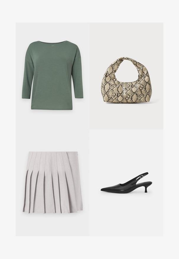 Groene, lichte top met een brede halslijn, driekwart mouwen en een ontspannen pasvorm. Soepele textuur met minimale stikdetails.; Grijze geplooide rok met een soepele textuur, voorzien van meerdere verticale plooien en een aansluitende taille. Gemaakt van lichte stof.; Zwarte leren slingback schoen met een puntige neus en een slanke, gebogen hak. Voorzien van een discrete verstelbare band met een metalen gesp.; Slangpatroon handtas met een gebogen handvat. Gemaakt van gestructureerde, beige en bruine materialen, met een kenmerkend ruitpatroon.