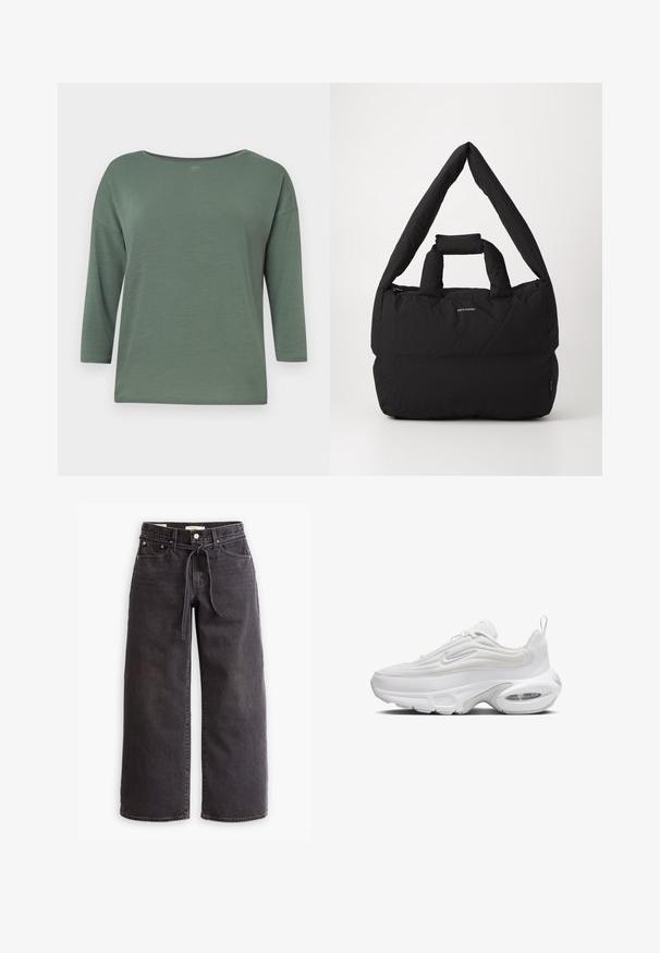 Grünes, leichtes Oberteil mit weitem Ausschnitt, Dreiviertelärmeln und lockerer Passform. Glatte Textur mit minimalen Nähdetails.; Schwarze, weit geschnittene Jeans aus Denim mit einem Zugbandbund, fünf Taschen und kontrastierenden Nahtdetails. Flacher Frontschnitt.; Weißer Sneaker mit wellenförmigem Oberdesign, strukturiertem Stoff, gepolsterter Sohle und sichtbarem Luftpolster. Verfügt über eine Schnürfront und einen Zugtab.; Schwarze gepolsterte Tasche mit einem breiten, weichen Schultergurt und einem oberen Griff. Sie verfügt über einen Reißverschluss und ein dezentes Logo auf der Vorderseite.