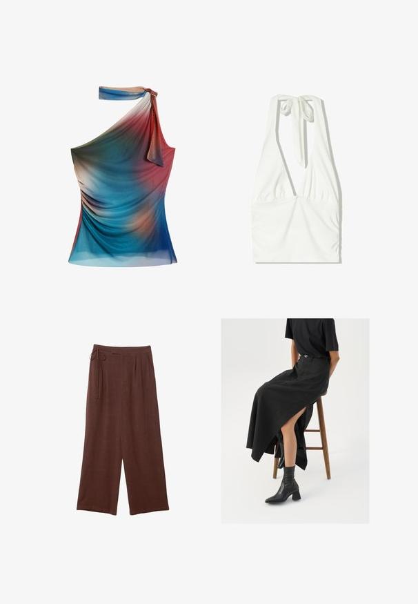 Asymetrický top na jedno rameno v gradientných farbách modrej, červenej a broskyňovej, vyrobený z ľahkej, textúrovanej tkaniny s drapériou.; Biely halter top s hlbokým V výstrihom, nariaseným predným dielom a nastaviteľnou šnúrkou na krku. Vyrobený z jemnej, textúrovanej tkaniny.; Hnedé široké nohavice s elastickým pásom, s plisovaním a jemnou textúrou, vyrobené z ľahkej tkaniny.; Čierna ľanová maxi sukňa s vysokým rozparkom, nosená s čiernym tričkom a čiernymi členkovými čižmami. Minimalistický dizajn s voľným strihom.