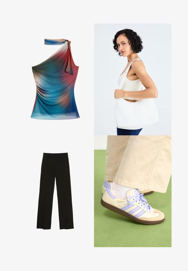 Asymetrický top na jedno rameno v přechodových barvách modré, červené a broskvové, vyrobený z lehké, texturované látky s drapériemi.; Černé široké kalhoty vyrobené z hladké tkaniny, s dobře padnoucím pasem a jemnými předními klíny pro zvýraznění textury.; Krémové a levandulové tenisky se třemi pruhy a texturovanou hnědou podrážkou, vybavené tkaničkami a polstrovanou patou. Měkký textilní svršek.; Bílá kabelka přes rameno vyrobená z hladkého materiálu, s oválným výřezem a širokým designem popruhu. Jednoduchá a moderní, bez viditelného hardwaru.