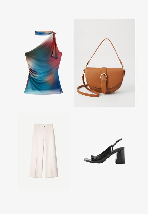 Aszimmetrikus, egy vállon viselhető felső, kék, piros és barack színátmenettel, könnyű, texturált anyagból készült, drapériás részletekkel.; Tejbézs széles lábú nadrág, szabott kialakítással, két elülső zsebbel és egyetlen elülső gombos záródással, sima anyagból készült.; Next Szandálok - black; Barna bőr keresztbody táska ívelt formával, aranyszínű fémrészekkel és csat díszítéssel. Levehető vállpánttal rendelkezik.