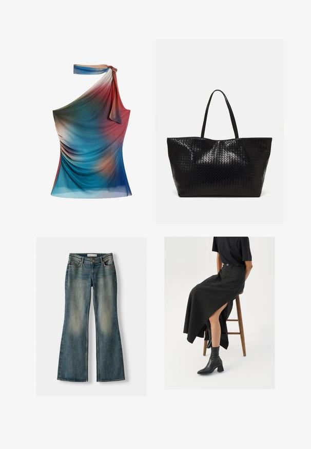 Asymmetrisk top med én skulder i gradientfarver af blå, rød og fersken, lavet af let, tekstureret stof med draperede detaljer.; Blå flared jeans med en falmet vask, fem lommer og knaplukning. Materialet viser en denimtekstur med subtile syninger.; Sort linned maxi-nederdel med en høj slids, båret med en sort t-shirt og sorte ankelstøvler. Minimalistisk design med en afslappet pasform.; Sort vævet tote bag med to robuste håndtag, der har en blank overflade og et rummeligt åbent top design.