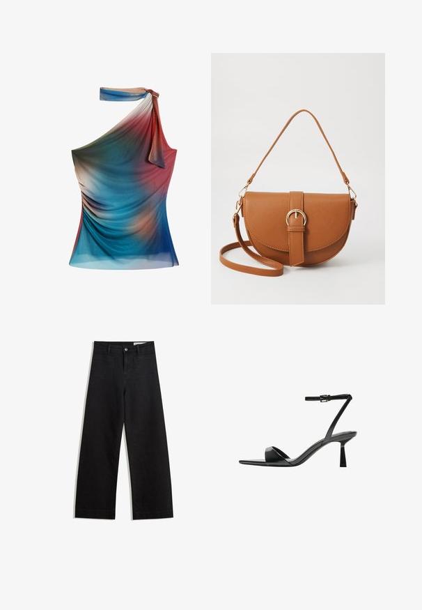 Asymmetrical one-shoulder top in gradient colors of blue, red, and peach, made from lightweight, textured fabric with draped detailing.; Black wide-leg denim pants with a high waist, featuring front and back pockets, stitched seams, and a button closure. Smooth texture.; Bershka High heeled sandals - black; Brown leather crossbody bag with a curved shape, gold hardware, and a buckle accent. Features a detachable shoulder strap.